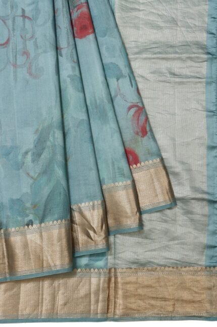 Blue Munga Cotton Silk Saree with Gold Zari and Chevron Pattern Border
