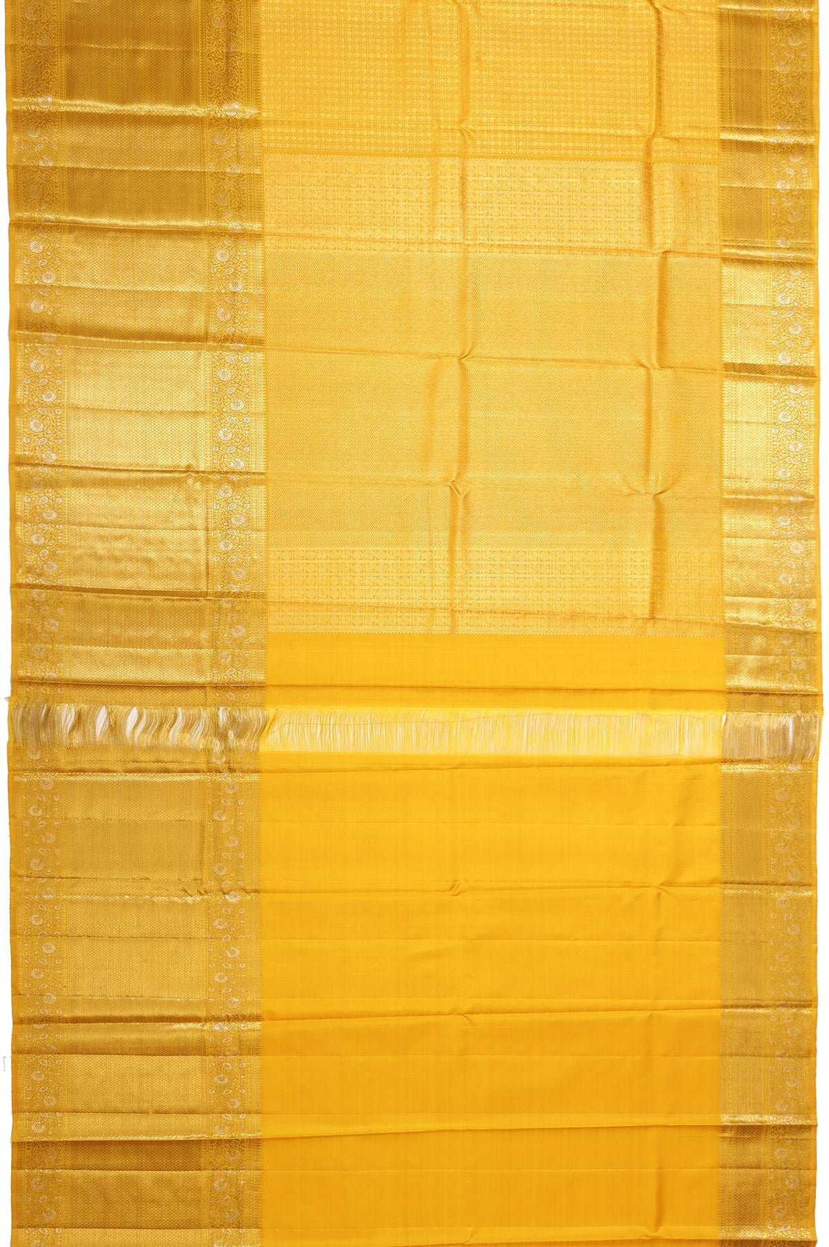 Mustard Kanchipuram Tissue Silk Saree with Large Gold Zari Border - Image 5