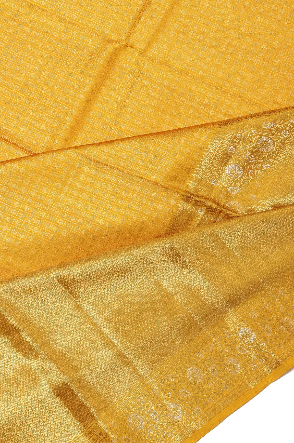 Mustard Kanchipuram Tissue Silk Saree with Large Gold Zari Border - Image 2