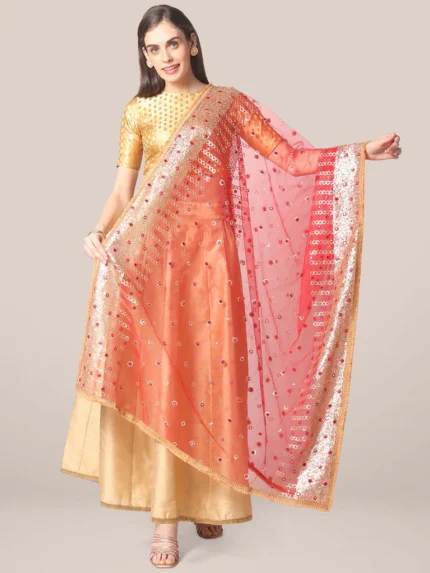 Red Net Dupatta with Sequins & Mirror Work