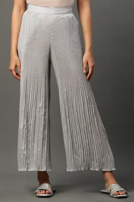 Silver Solid Flared Woven Sharara With Pleats