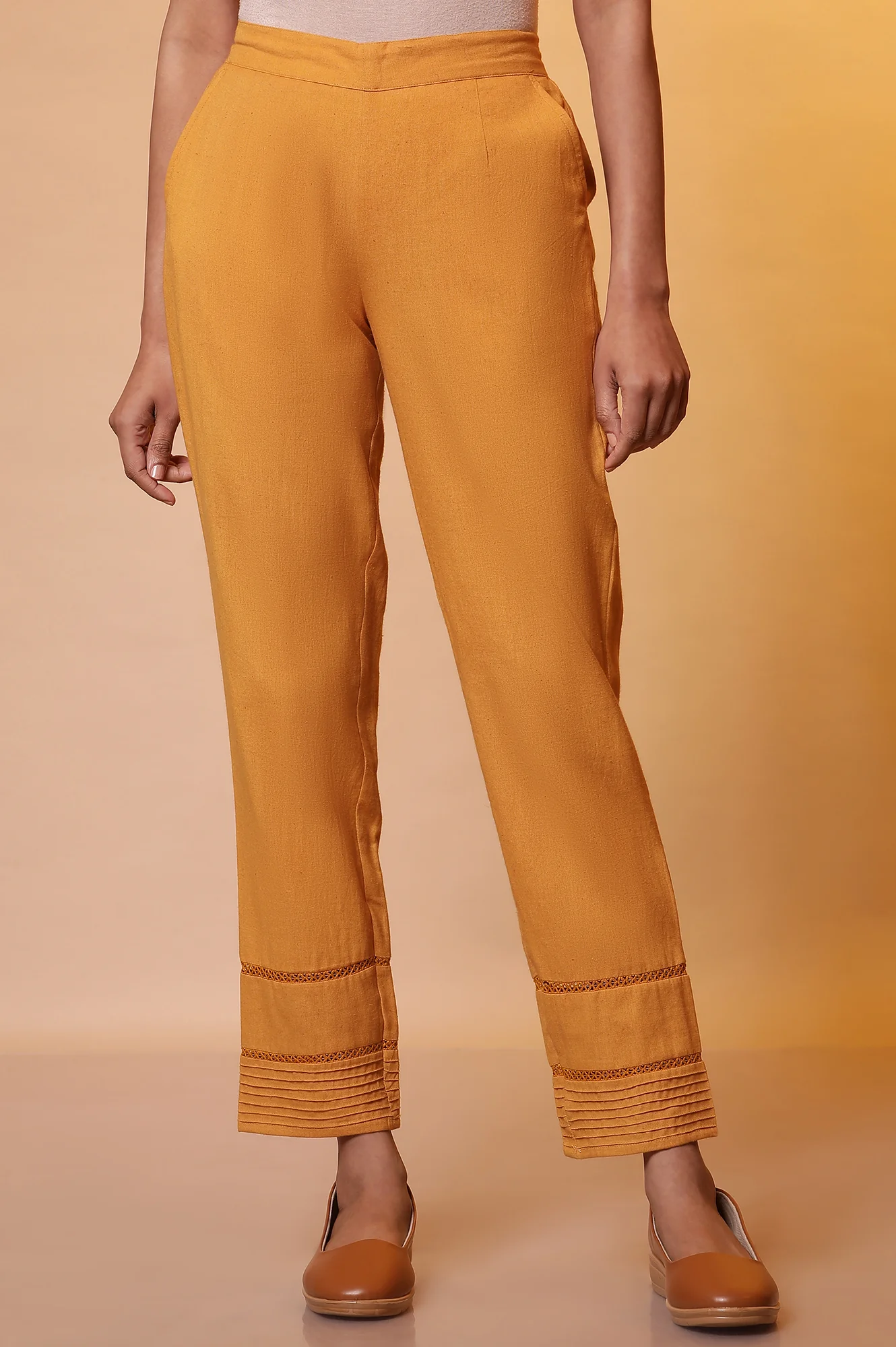 Mustard Lace Insert Pintuck Trousers - Image 3