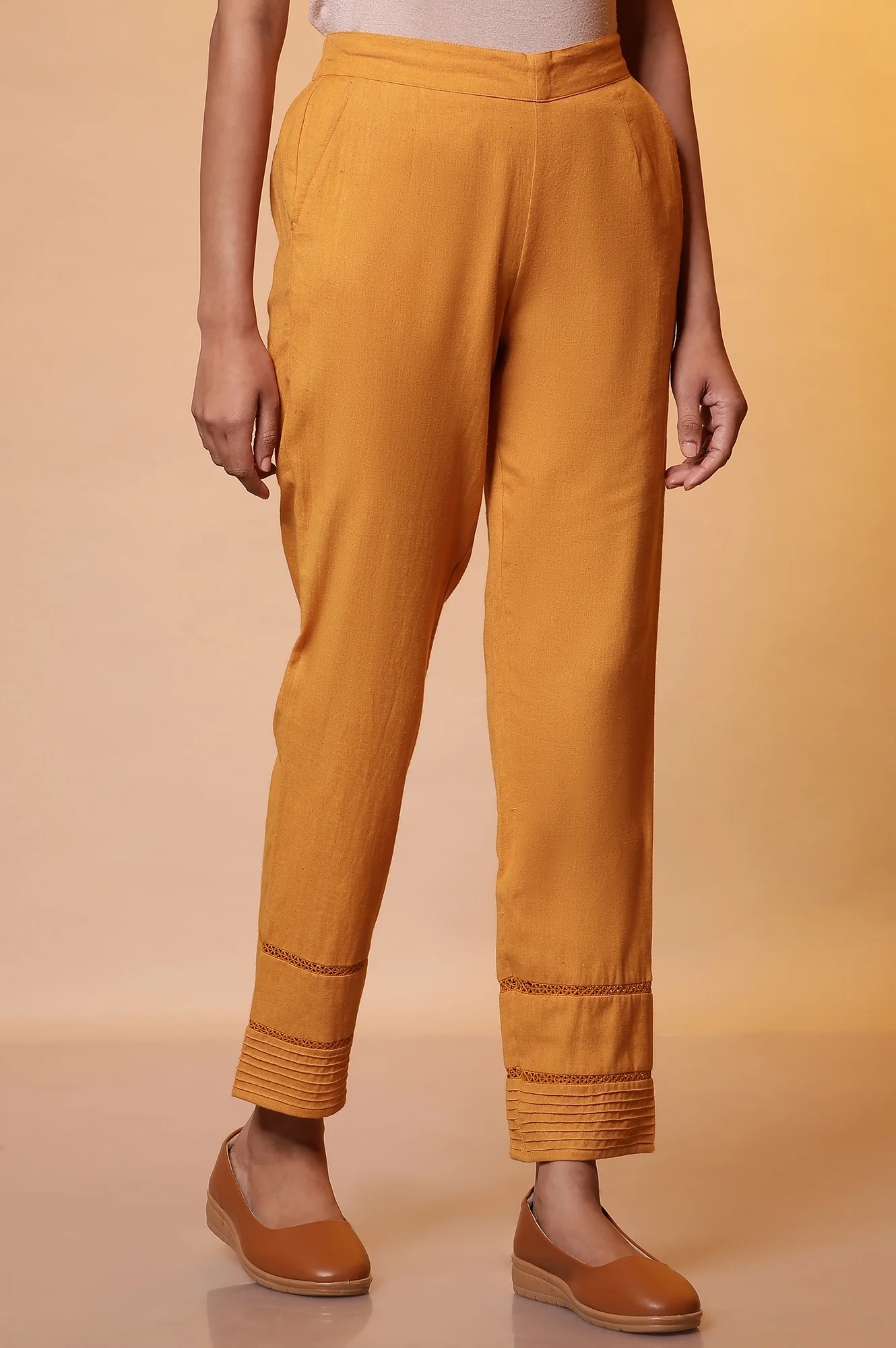 Mustard Lace Insert Pintuck Trousers - Image 5