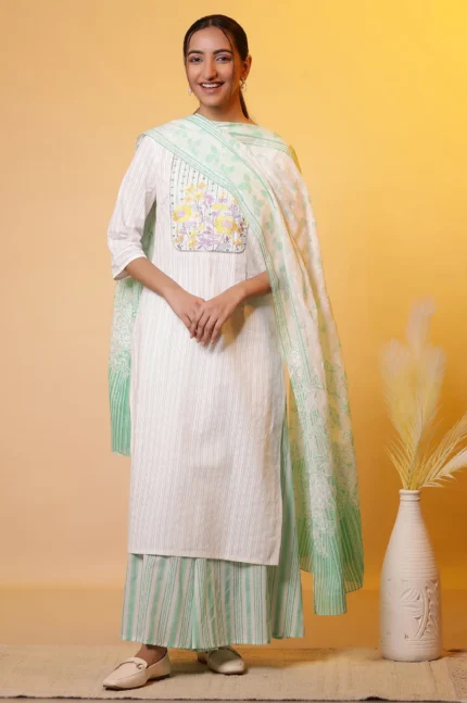 White Cotton Dupatta with Green Stripes and Floral Print