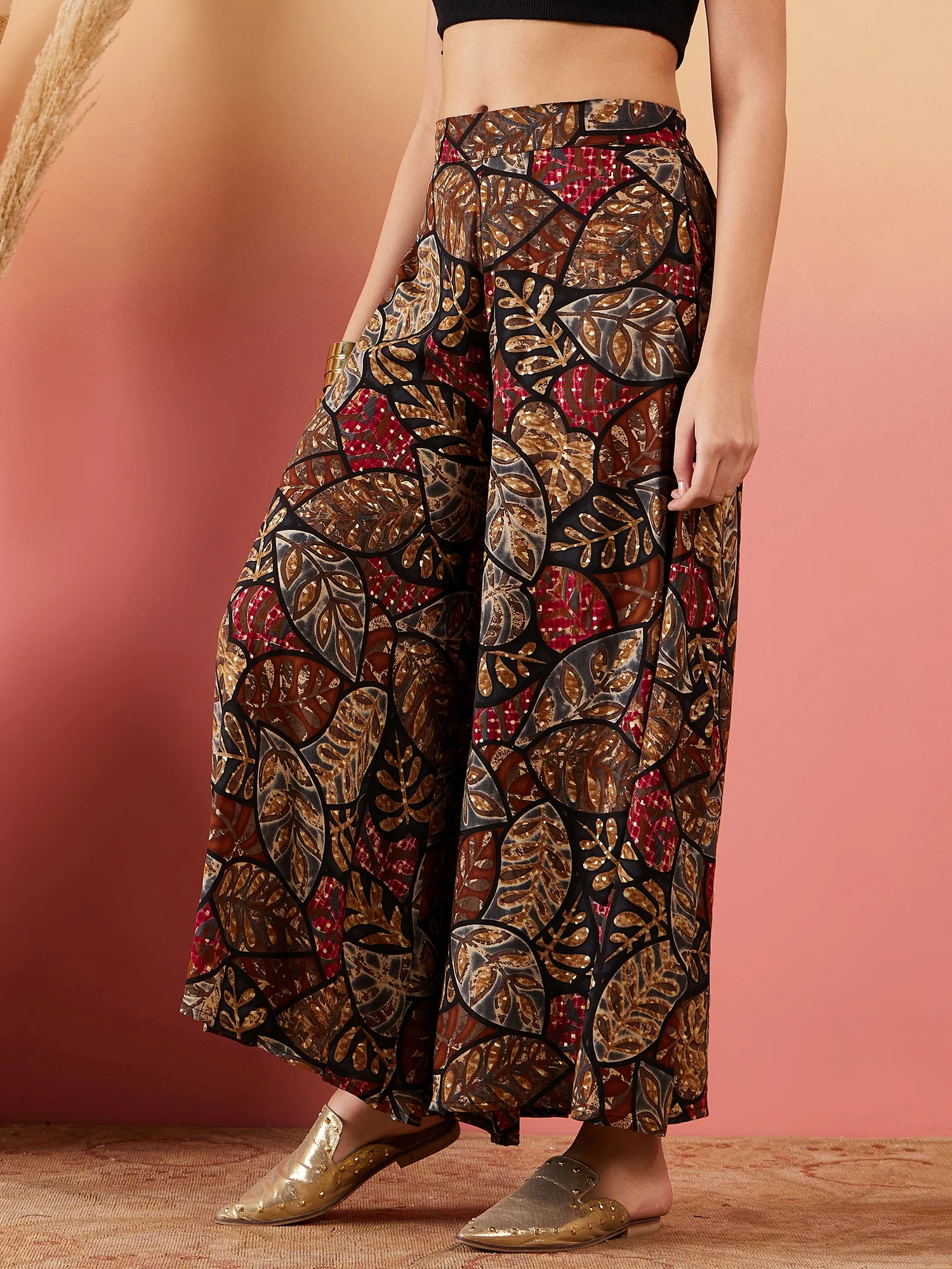 Rayon Black Grey Leaf Print Foil Palazzo - Image 6