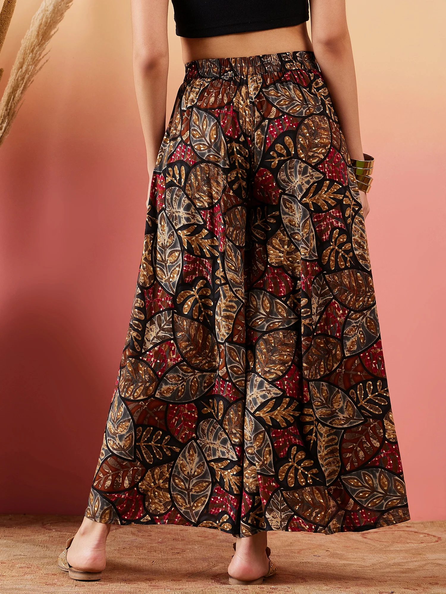 Rayon Black Grey Leaf Print Foil Palazzo - Image 5