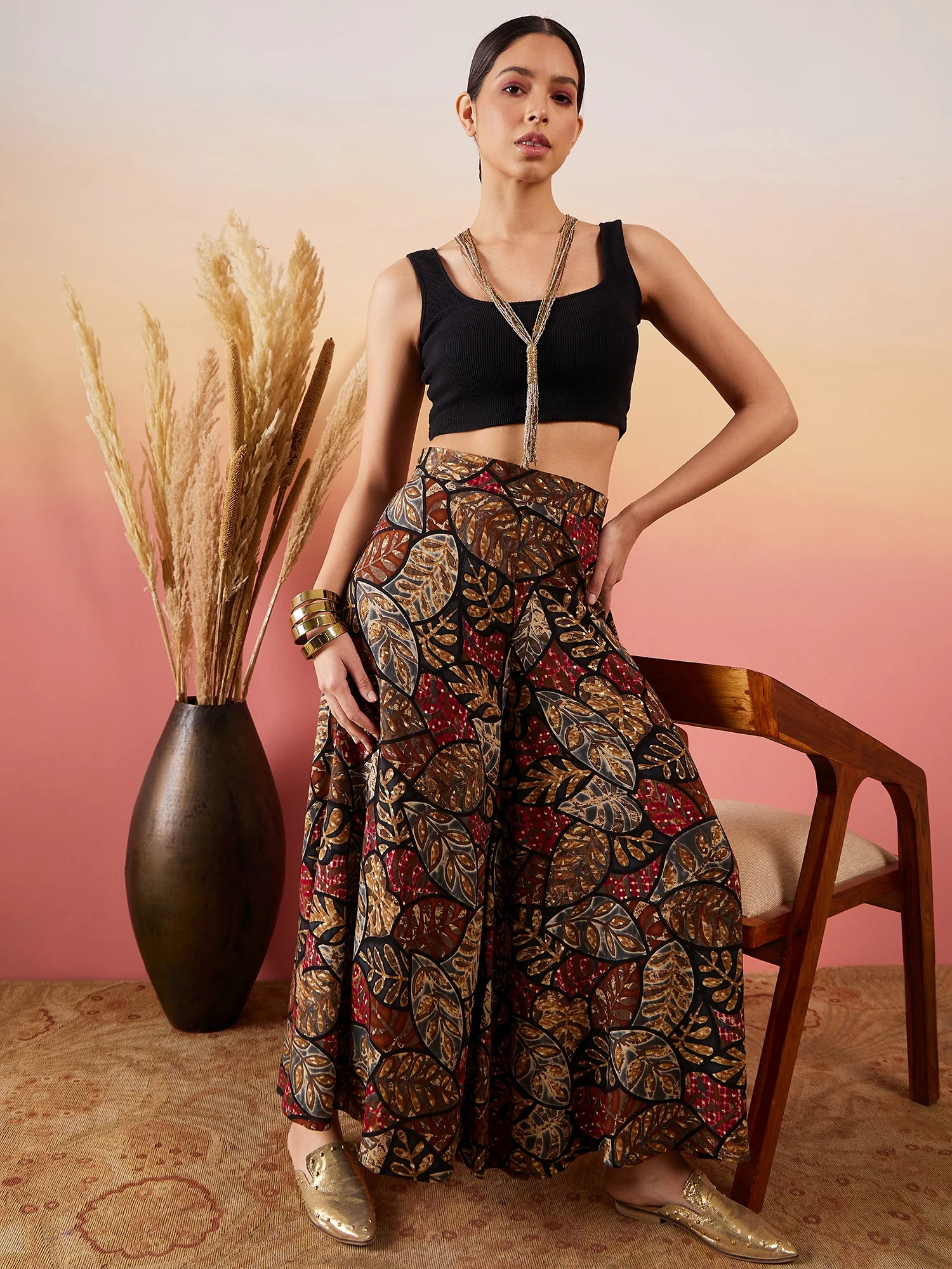 Rayon Black Grey Leaf Print Foil Palazzo - Image 3