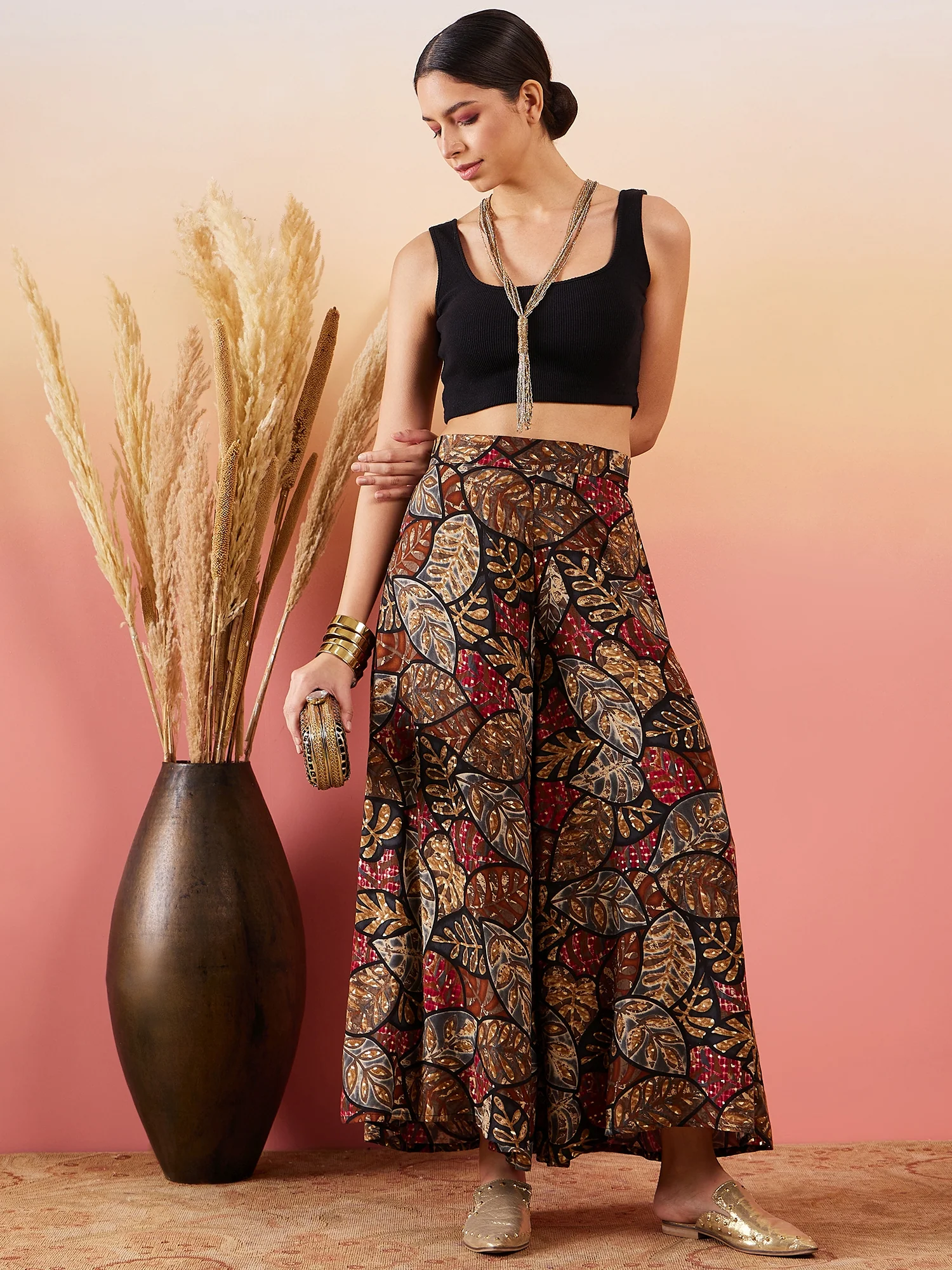 Rayon Black Grey Leaf Print Foil Palazzo - Image 2