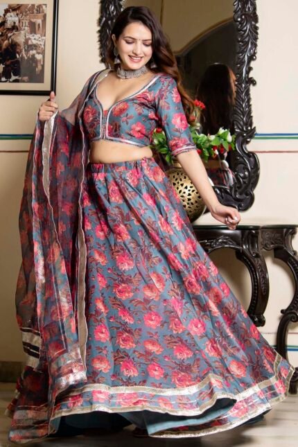Grey Chanderi Floral Printed Flared Lehenga Set