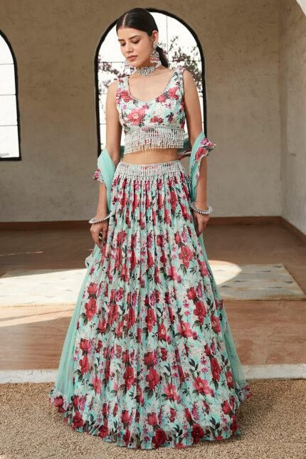 Green Viscose Organza Floral Printed Lehenga Set