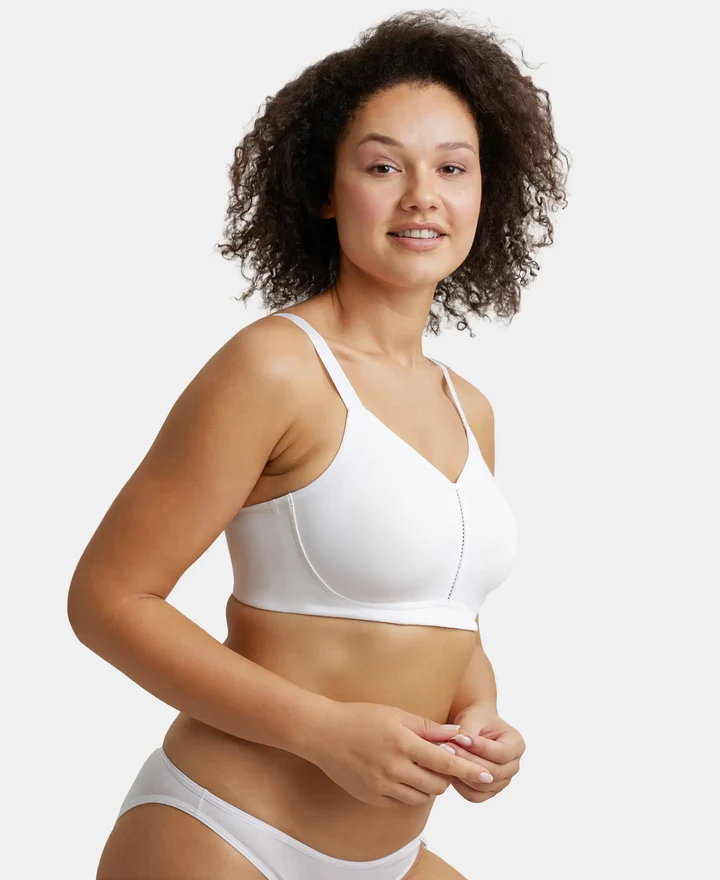 White Super Combed Cotton Elastane Stretch Full Coverage Minimizer Bra - Image 3