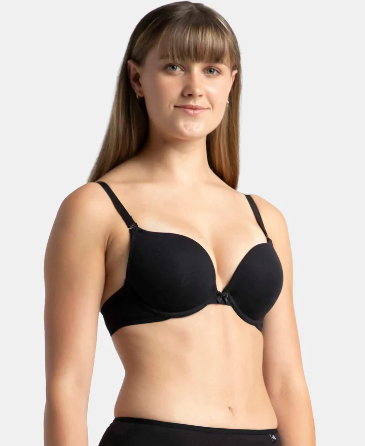 Padded Wired Super Combed Cotton Elastane Stretch Medium Coverage Pushup Bra with Plunge Neck - Image 4