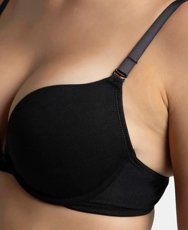 Padded Wired Super Combed Cotton Elastane Stretch Medium Coverage Pushup Bra with Plunge Neck - Image 10