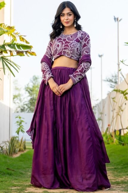 Wine Chinon & Organza Lehenga Set