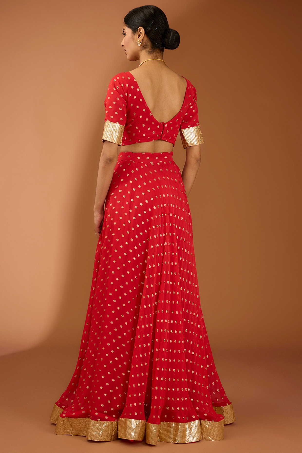 Red Georgette Lace Work Lehenga Set - Image 3