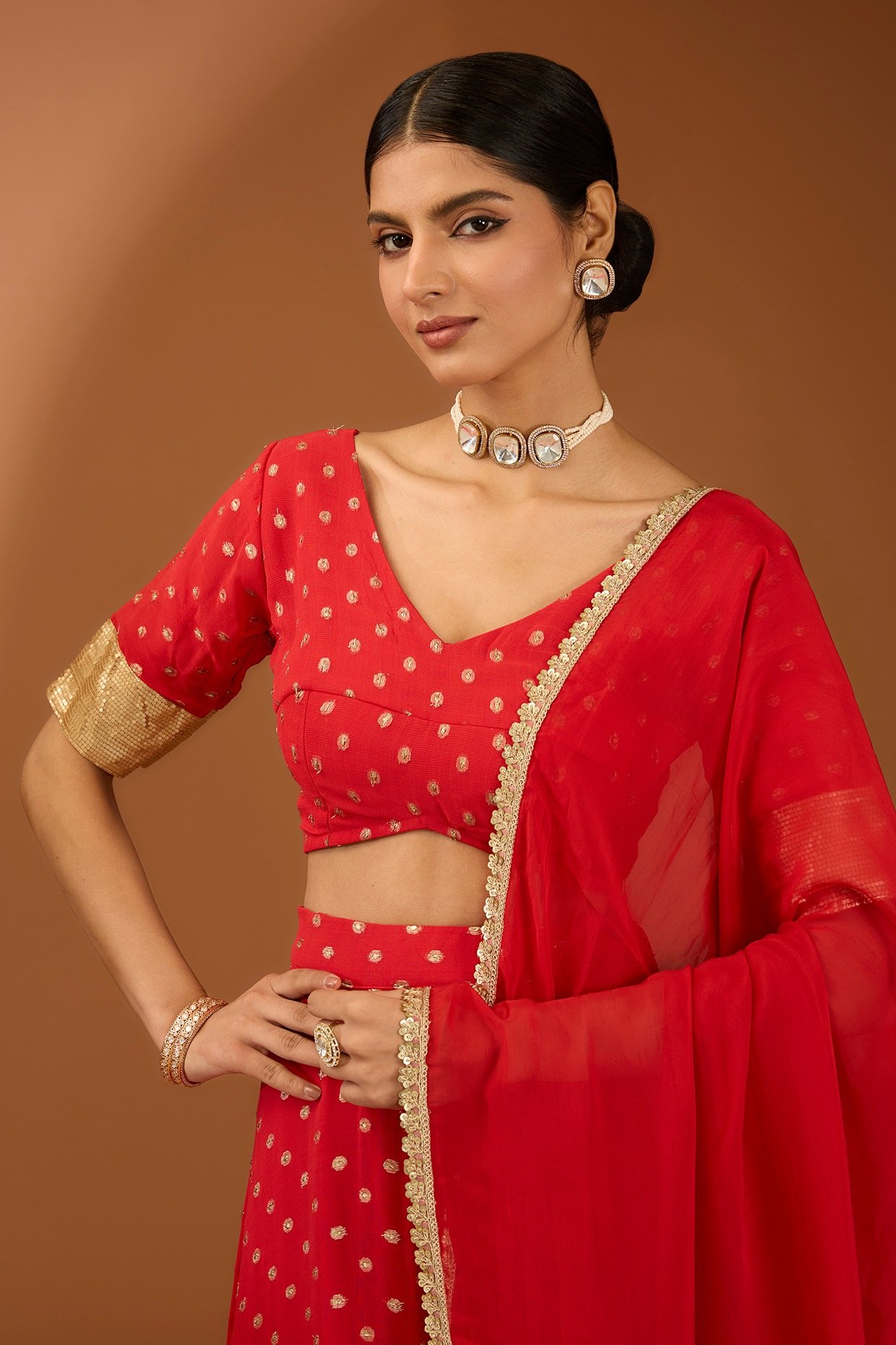Red Georgette Lace Work Lehenga Set - Image 5
