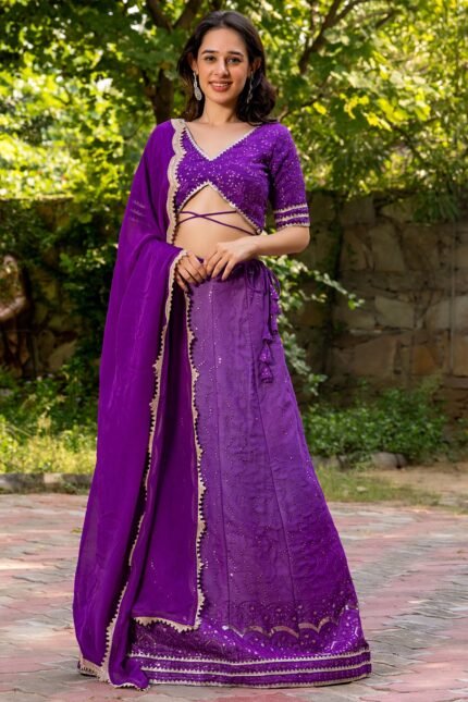 Violet Georgette Embroidered Lehenga Set