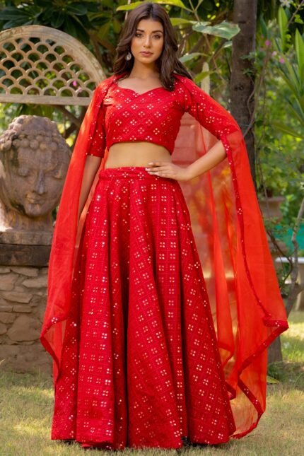 Red Georgette Mirror Embroidered Lehenga Set