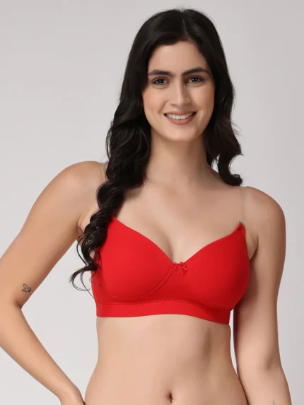 Red Full Coverage Heavily Padded Convertible-Straps T-Shirt Bra
