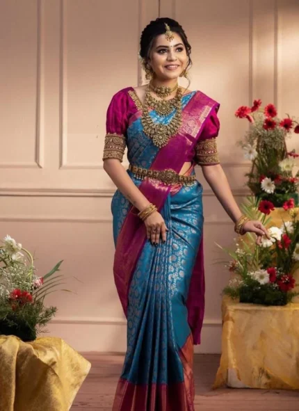 Aqua Blue Litchi Silk Zari Jacquard Saree A Classy Wear Festive Wear