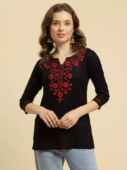 Black Kashmiri Silk Work Short Kurti