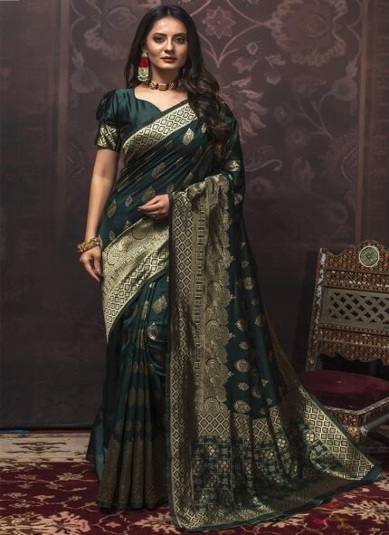Green Benarasi Silk Jacquard Weaving Saree Festive Wear