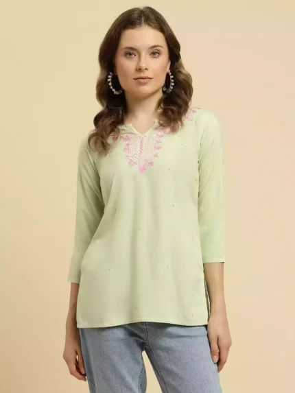 Pista Green Pashmina Work Short Kurti