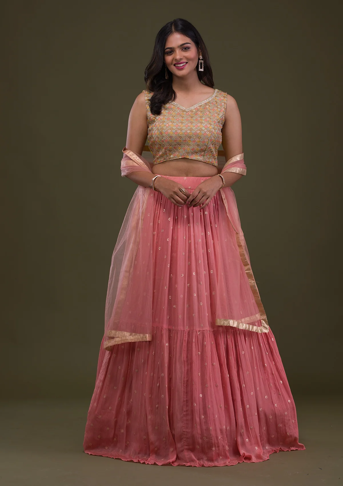 Yellow Threadwork Chiffon Readymade Lehenga - Image 2