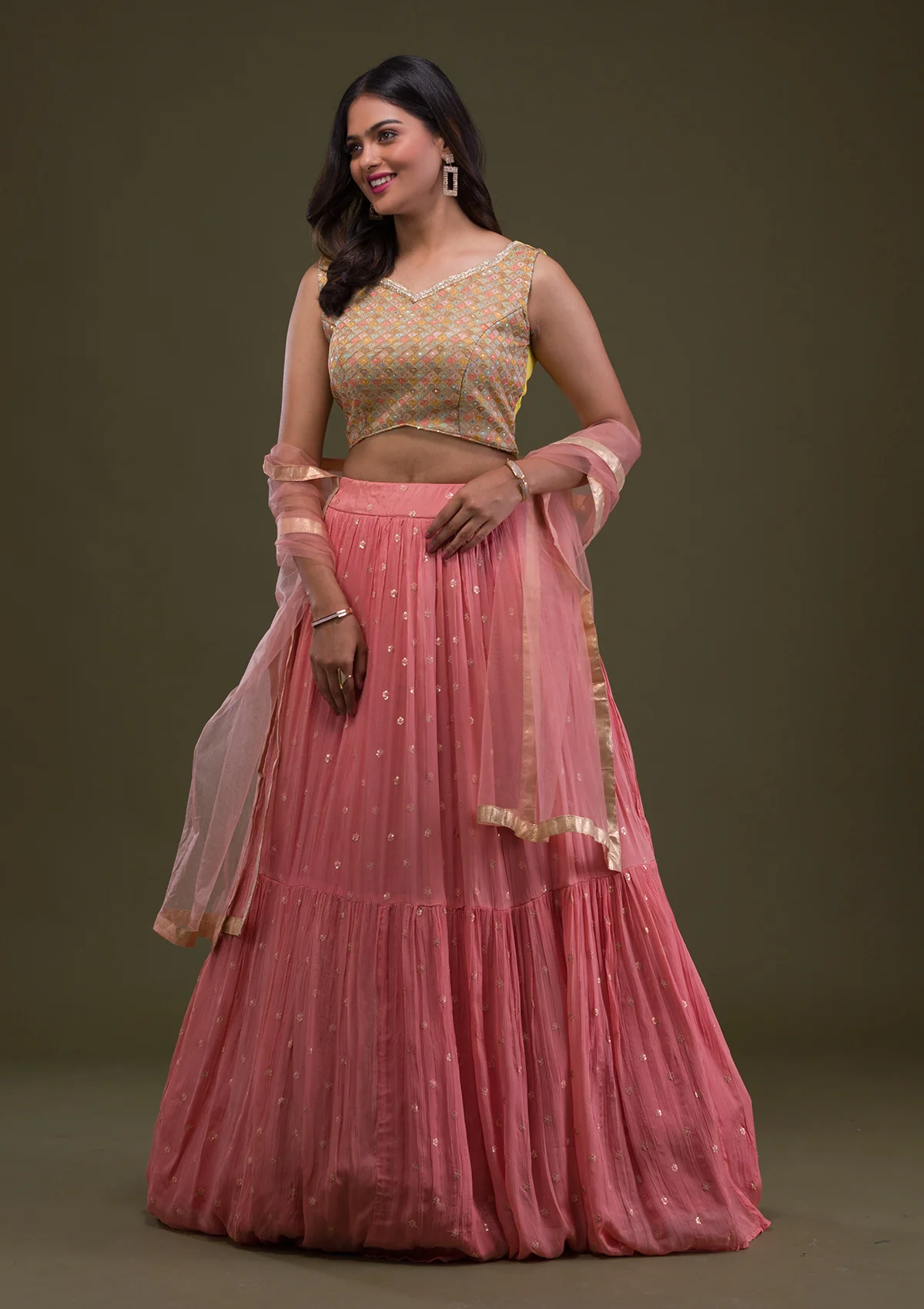 Yellow Threadwork Chiffon Readymade Lehenga - Image 4