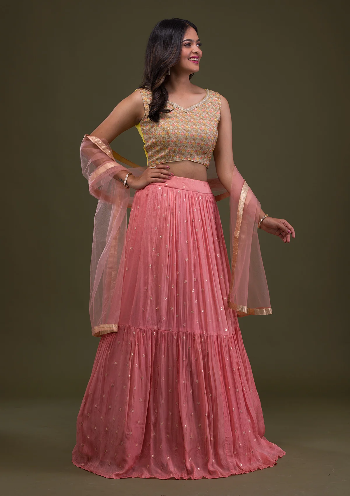 Yellow Threadwork Chiffon Readymade Lehenga - Image 5