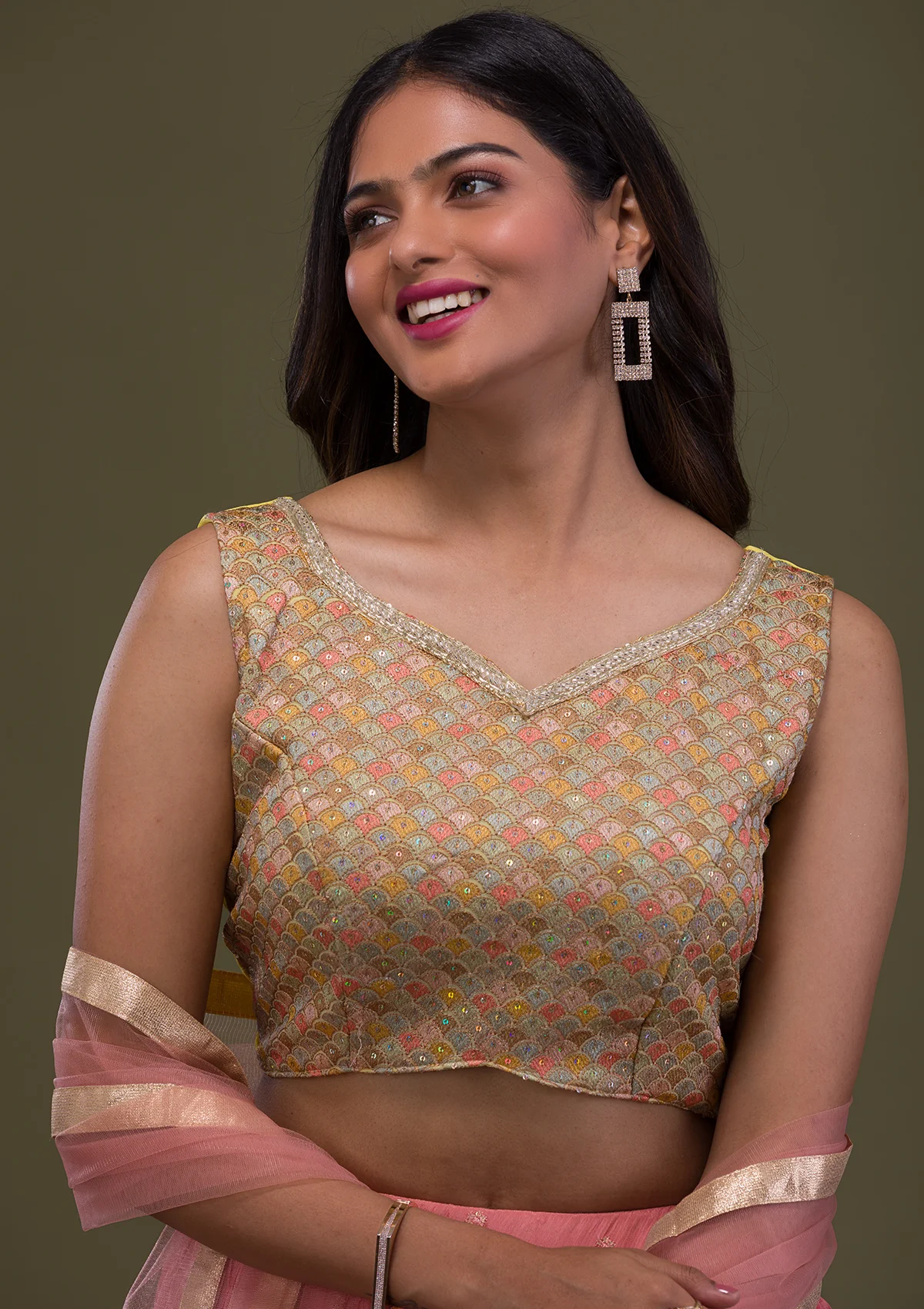 Yellow Threadwork Chiffon Readymade Lehenga - Image 6