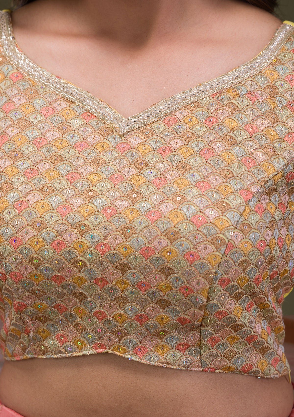 Yellow Threadwork Chiffon Readymade Lehenga - Image 7