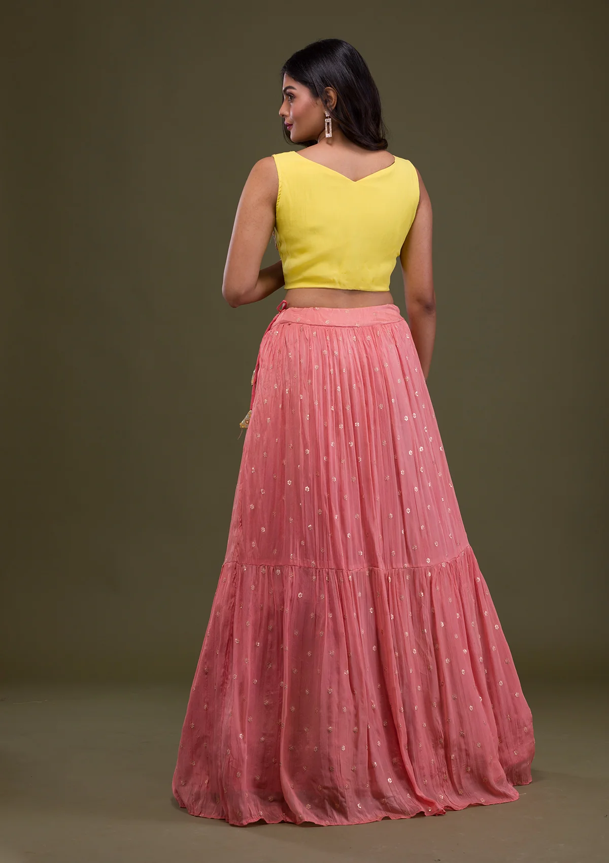 Yellow Threadwork Chiffon Readymade Lehenga - Image 8