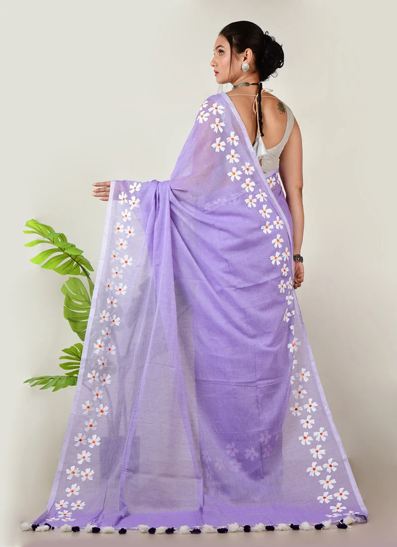 Lavender Cotton Hand Painted Saree After Six Wear - Image 2