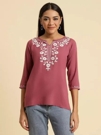 Pink Kashmiri Silk Work Short Kurti