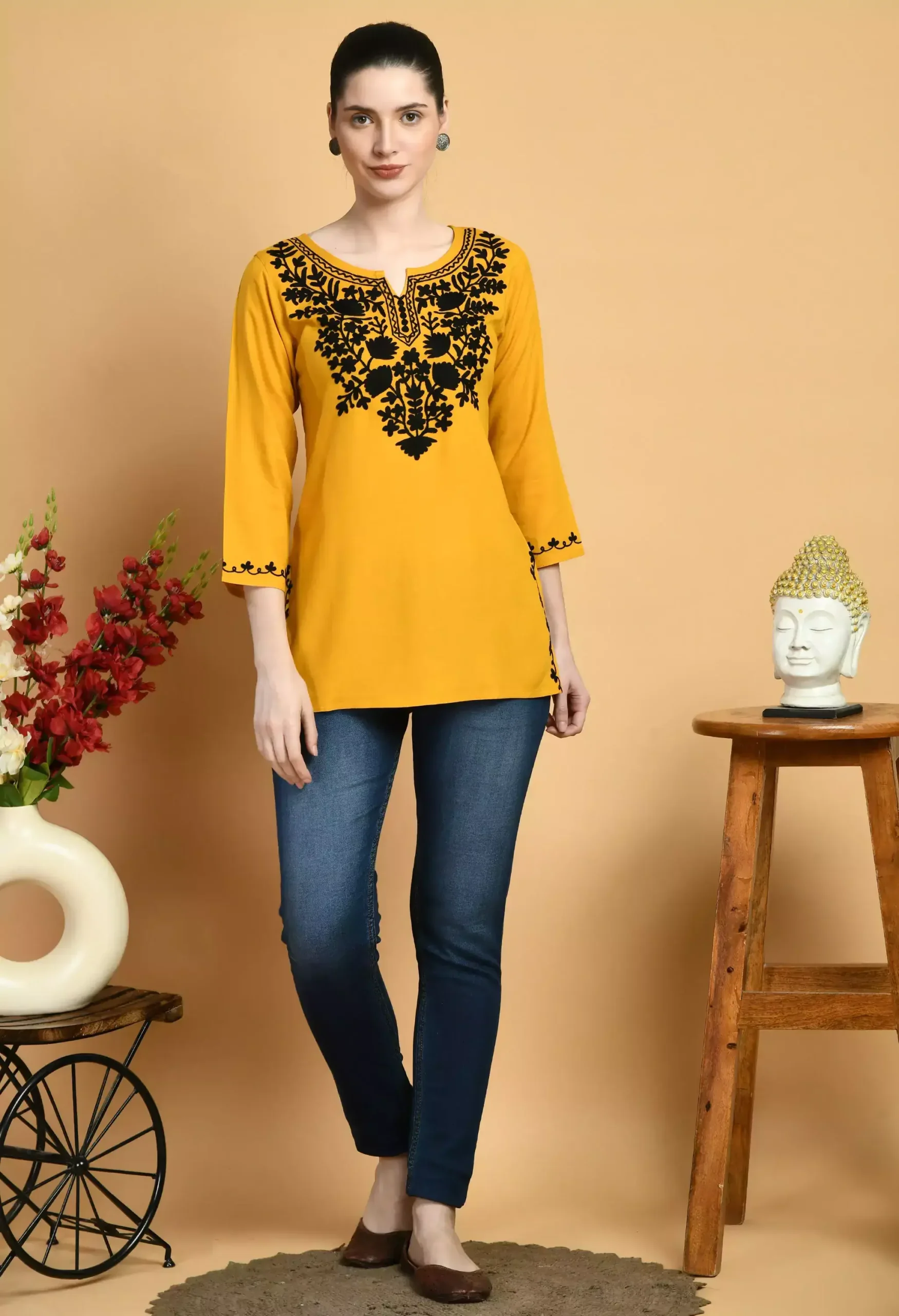 Mustard Colored Kashmiri Short Kurti - Image 4