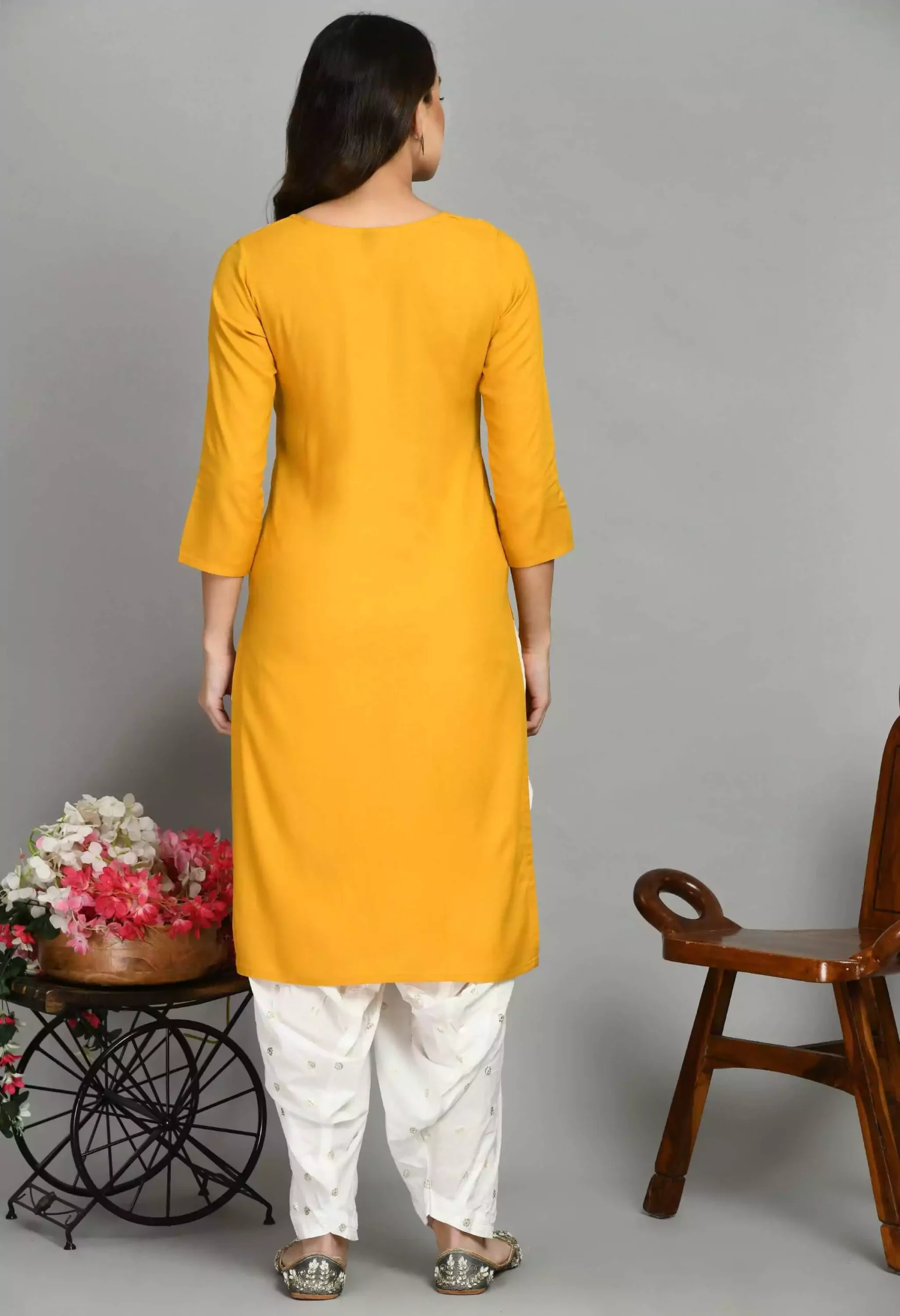 Mustard Colored Pashmina Work Kurti - Image 4