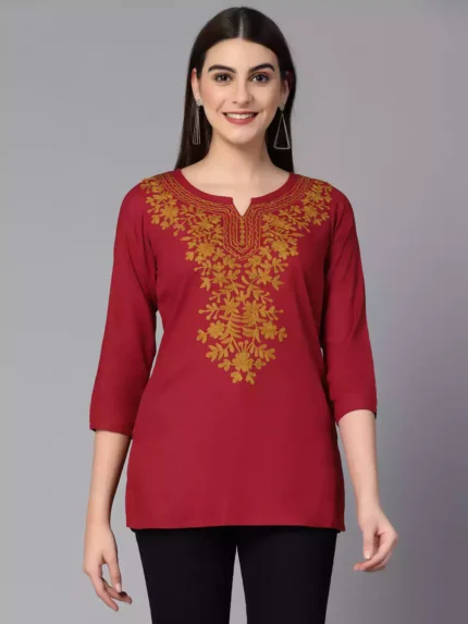 Red Kashmiri Embroidered Short Kurti