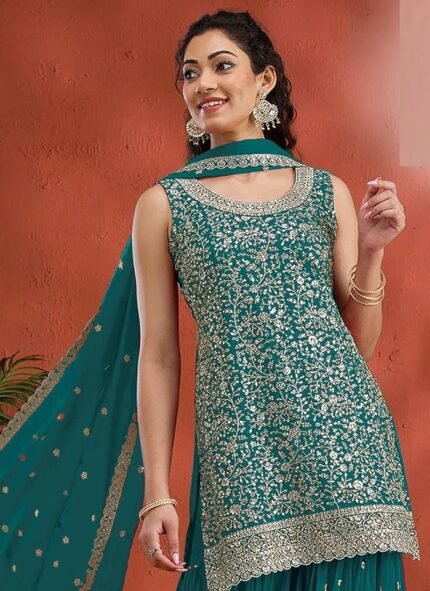 Teal Georgette Embroidered Sequin Palazzo Set Festive Wear