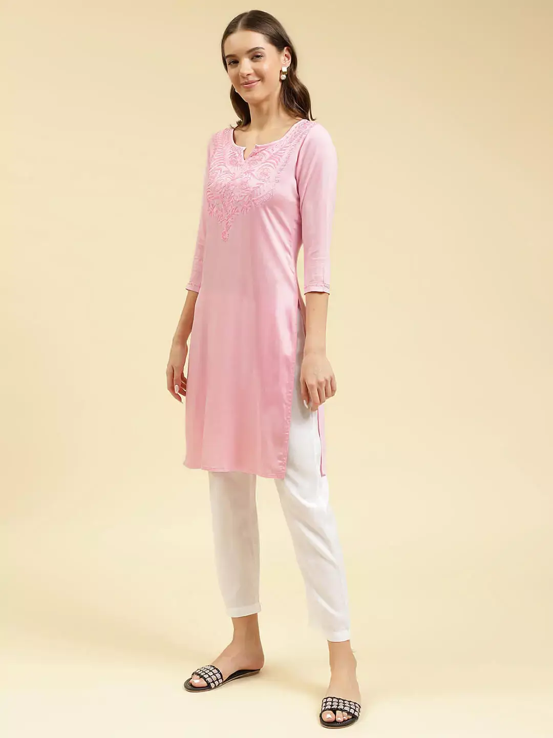 Pink Silk Embroidered Kashmiri Kurti - Image 6