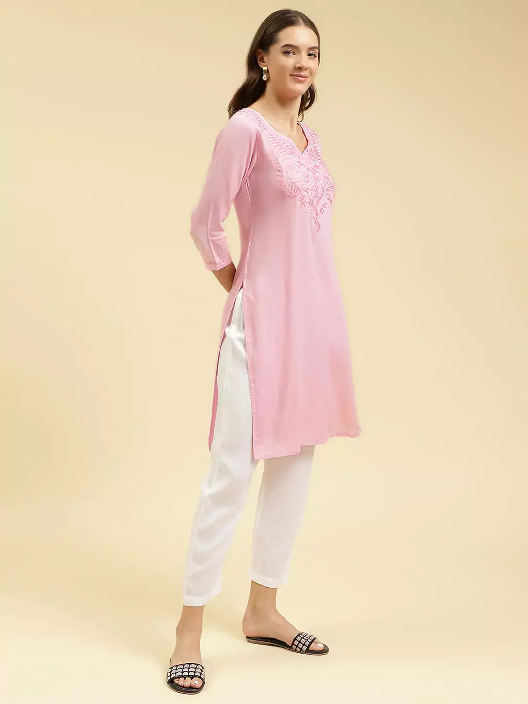 Pink Silk Embroidered Kashmiri Kurti - Image 7