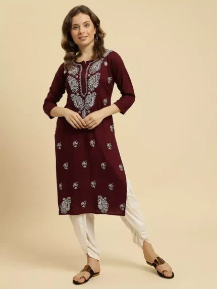 Wine Chikankari Kurti