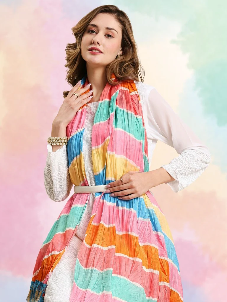 Pastel Multicolored Striped Printed Art Silk Crushed Dupatta - Image 2