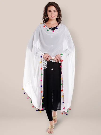 White Chiffon Dupatta with Multicolored Pompom Balls