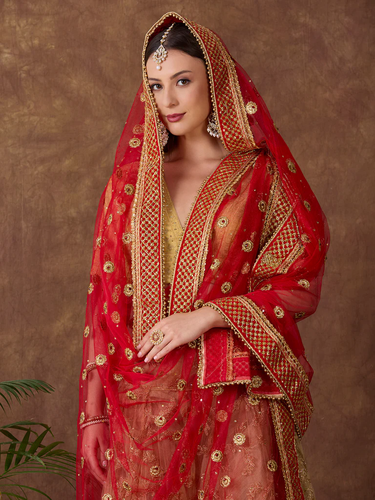 Embroidered Red Bridal & Wedding Wear Net Dupatta - Image 3