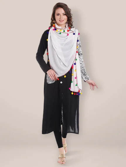 Chiffon Dupatta with Multicolored Pompom Balls