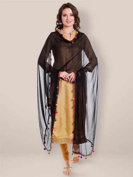 Black Chiffon Dupatta with Multicolored Pompom Balls