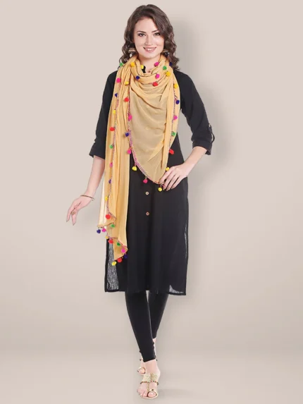 Beige Chiffon Dupatta with Multicolored Pompom Balls