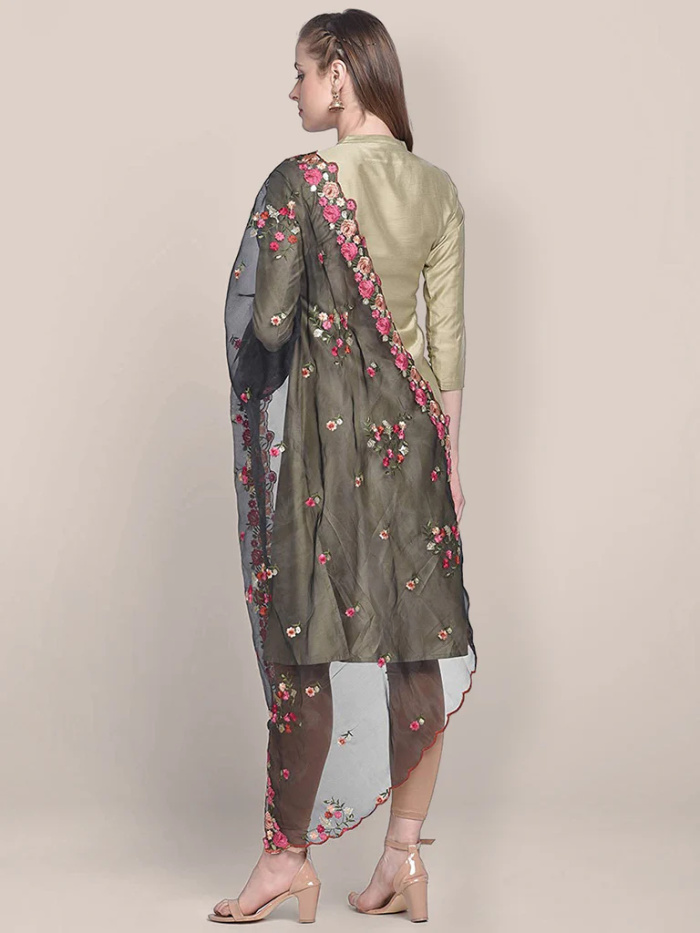 Organza Dupatta with Multicolor Floral Embroidery - Image 3