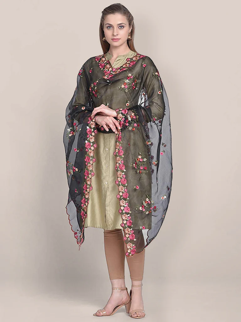 Organza Dupatta with Multicolor Floral Embroidery - Image 5